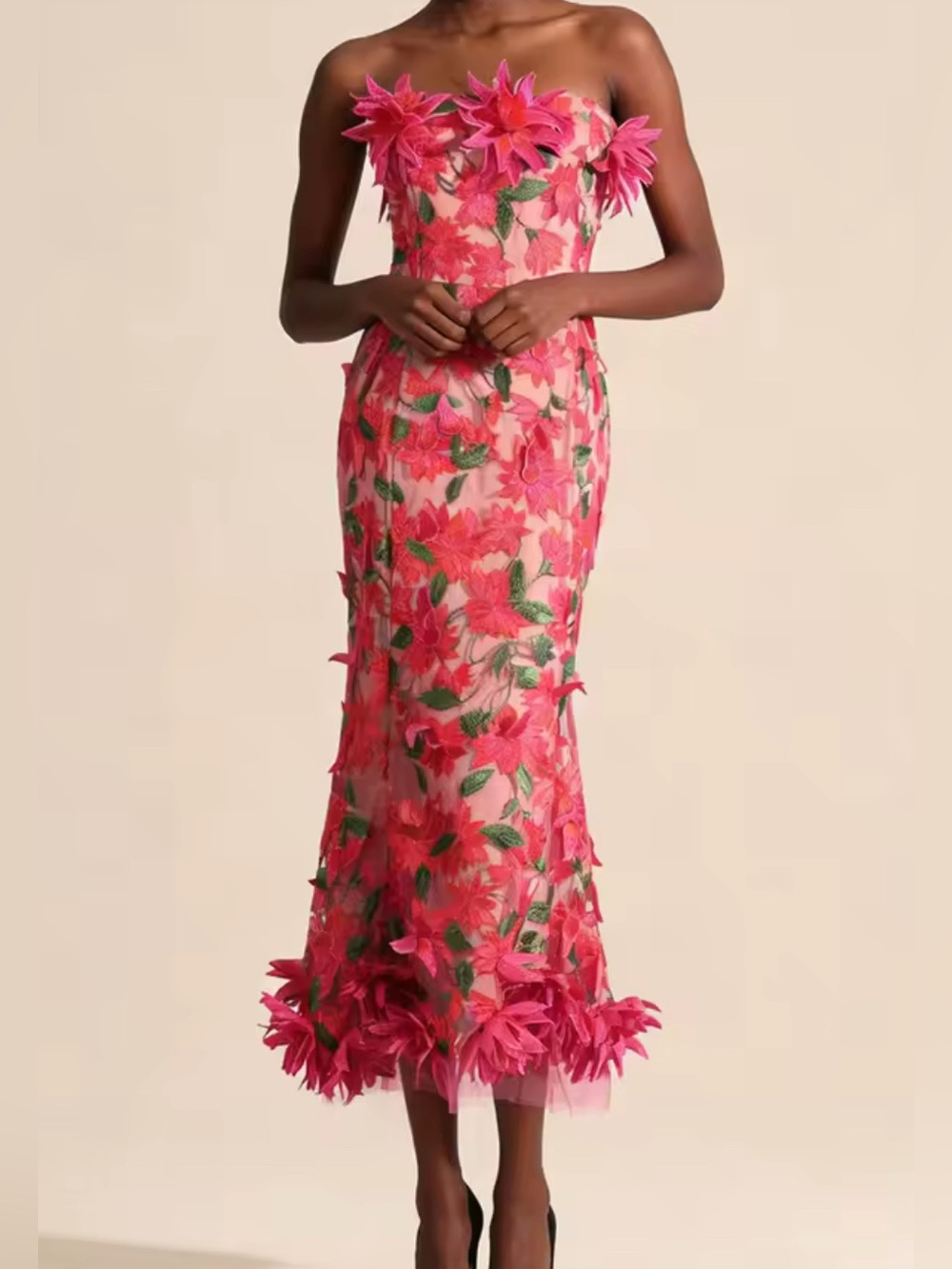 NEE $398 Peony Garden Dress Pink Floral Appliqué Dress - Picture 3 of 7